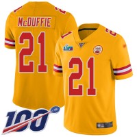 Nike Kansas City Chiefs #21 Trent McDuffie Gold Super Bowl LVII Patch Youth Stitched NFL Limited Inverted Legend 100th Season Jersey