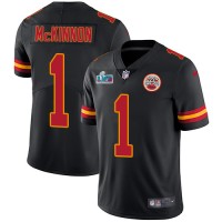Nike Kansas City Chiefs #1 Jerick McKinnon Black Super Bowl LVII Patch Youth Stitched NFL Limited Rush Jersey