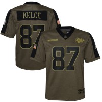 Kansas City Kansas City Chiefs #87 Travis Kelce Olive Nike Youth 2021 Salute To Service Game Jersey