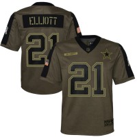 Dallas Dallas Cowboys #21 Ezekiel Elliott Olive Nike Youth 2021 Salute To Service Game Jersey