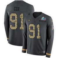 Nike Philadelphia Eagles #91 Fletcher Cox Anthracite Super Bowl LVII Patch Salute to Service Youth Stitched NFL Limited Therma Long Sleeve Jersey