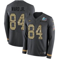 Nike Philadelphia Eagles #84 Greg Ward Jr. Anthracite Super Bowl LVII Patch Salute to Service Youth Stitched NFL Limited Therma Long Sleeve Jersey