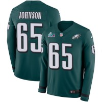 Nike Philadelphia Eagles #65 Lane Johnson Green Super Bowl LVII Patch Team Color Youth Stitched NFL Limited Therma Long Sleeve Jersey
