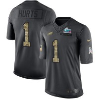Nike Philadelphia Eagles #1 Jalen Hurts Black Super Bowl LVII Patch Youth Stitched NFL Limited 2016 Salute to Service Jersey