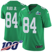 Nike Philadelphia Eagles #84 Greg Ward Jr. Green Super Bowl LVII Patch Youth Stitched NFL Limited Rush 100th Season Jersey