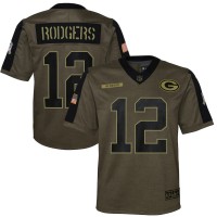 Green Bay Green Bay Packers #12 Aaron Rodgers Olive Nike Youth 2021 Salute To Service Game Jersey