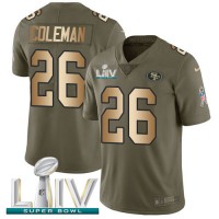 Nike San Francisco 49ers #26 Tevin Coleman Olive/Gold Super Bowl LIV 2020 Men's Stitched NFL Limited 2017 Salute To Service Jersey