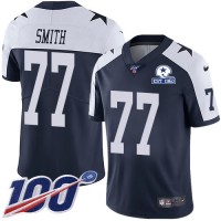 Nike Dallas Cowboys #77 Tyron Smith Navy Blue Thanksgiving Men's Stitched With Established In 1960 Patch NFL 100th Season Vapor Untouchable Limited Throwback Jersey