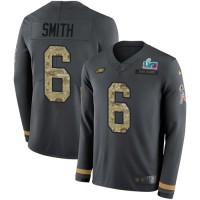 Nike Philadelphia Eagles #6 DeVonta Smith Anthracite Super Bowl LVII Patch Salute to Service Men's Stitched NFL Limited Therma Long Sleeve Jersey