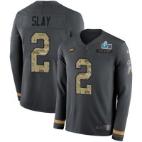 Nike Philadelphia Eagles #2 Darius Slay Anthracite Super Bowl LVII Patch Salute to Service Men's Stitched NFL Limited Therma Long Sleeve Jersey