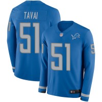 Nike Detroit Lions #51 Jahlani Tavai Blue Team Color Men's Stitched NFL Limited Therma Long Sleeve Jersey