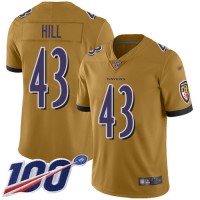 Nike Baltimore Ravens #43 Justice Hill Gold Men's Stitched NFL Limited Inverted Legend 100th Season Jersey