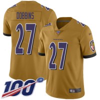 Nike Baltimore Ravens #27 J.K. Dobbins Gold Men's Stitched NFL Limited Inverted Legend 100th Season Jersey
