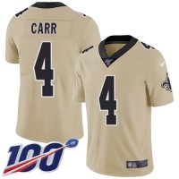 Nike New Orleans Saints #4 Derek Carr Gold Men's Stitched NFL Limited Inverted Legend 100th Season Jersey