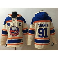 New York Islanders #91 John Tavares Cream Sawyer Hooded Sweatshirt Stitched NHL Jersey
