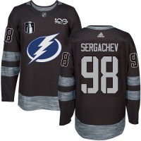 Adidas Tampa Bay Lightning #98 Mikhail Sergachev Black 2022 Stanley Cup Final Patch 100th Anniversary Stitched NHL Jersey