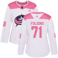 Adidas Blue Columbus Blue Jackets #71 Nick Foligno White/Pink Authentic Fashion Women's Stitched NHL Jersey
