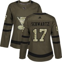 Adidas St. Louis Blues #17 Jaden Schwartz Green Salute to Service Women's Stitched NHL Jersey