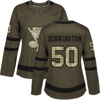 Adidas St. Louis Blues #50 Jordan Binnington Green Salute to Service Women's Stitched NHL Jersey