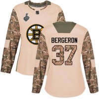 Adidas Boston Bruins #37 Patrice Bergeron Camo Authentic 2017 Veterans Day Stanley Cup Final Bound Women's Stitched NHL Jersey