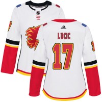 Adidas Calgary Flames #17 Milan Lucic White Road Authentic Women's Stitched NHL Jersey