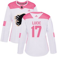 Adidas Calgary Flames #17 Milan Lucic White/Pink Authentic Fashion Women's Stitched NHL Jersey