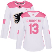 Adidas Calgary Flames #13 Johnny Gaudreau White/Pink Authentic Fashion Women's Stitched NHL Jersey