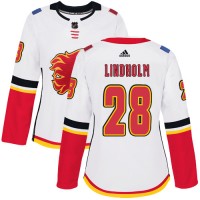 Adidas Calgary Flames #28 Elias Lindholm White Road Authentic Women's Stitched NHL Jersey