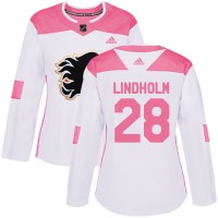 Adidas Calgary Flames #28 Elias Lindholm White/Pink Authentic Fashion Women's Stitched NHL Jersey