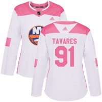 Adidas New York Islanders #91 John Tavares White/Pink Authentic Fashion Women's Stitched NHL Jersey