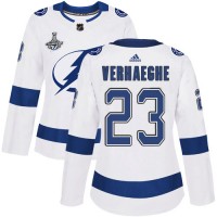 Adidas Tampa Bay Lightning #23 Carter Verhaeghe White Road Authentic Women's 2020 Stanley Cup Champions Stitched NHL Jersey