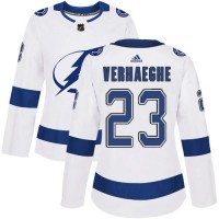 Adidas Tampa Bay Lightning #23 Carter Verhaeghe White Road Authentic Women's Stitched NHL Jersey