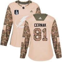 Adidas Tampa Bay Lightning #81 Erik Cernak Camo Authentic 2022 Stanley Cup Final Patch Women's Veterans Day Stitched NHL Jersey