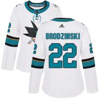 Adidas San Jose Sharks #22 Jonny Brodzinski White Road Authentic Women's Stitched NHL Jersey