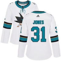 Adidas San Jose Sharks #31 Martin Jones White Road Authentic Women's Stitched NHL Jersey