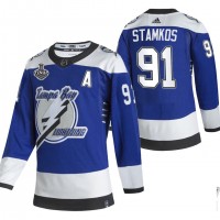 Adidas Tampa Bay Lightning #91 Steven Stamkos Blue Road Authentic Youth 2021 NHL Stanley Cup Final Patch Jersey
