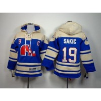 Quebec Nordiques #19 Joe Sakic Blue Sawyer Hooded Sweatshirt Stitched Youth NHL Jersey