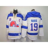 Quebec Nordiques #19 Joe Sakic White Sawyer Hooded Sweatshirt Stitched NHL Jersey