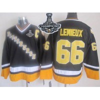 Pittsburgh Penguins #66 Mario Lemieux Black/Yellow CCM Throwback 2017 Stanley Cup Finals Champions Stitched NHL Jersey